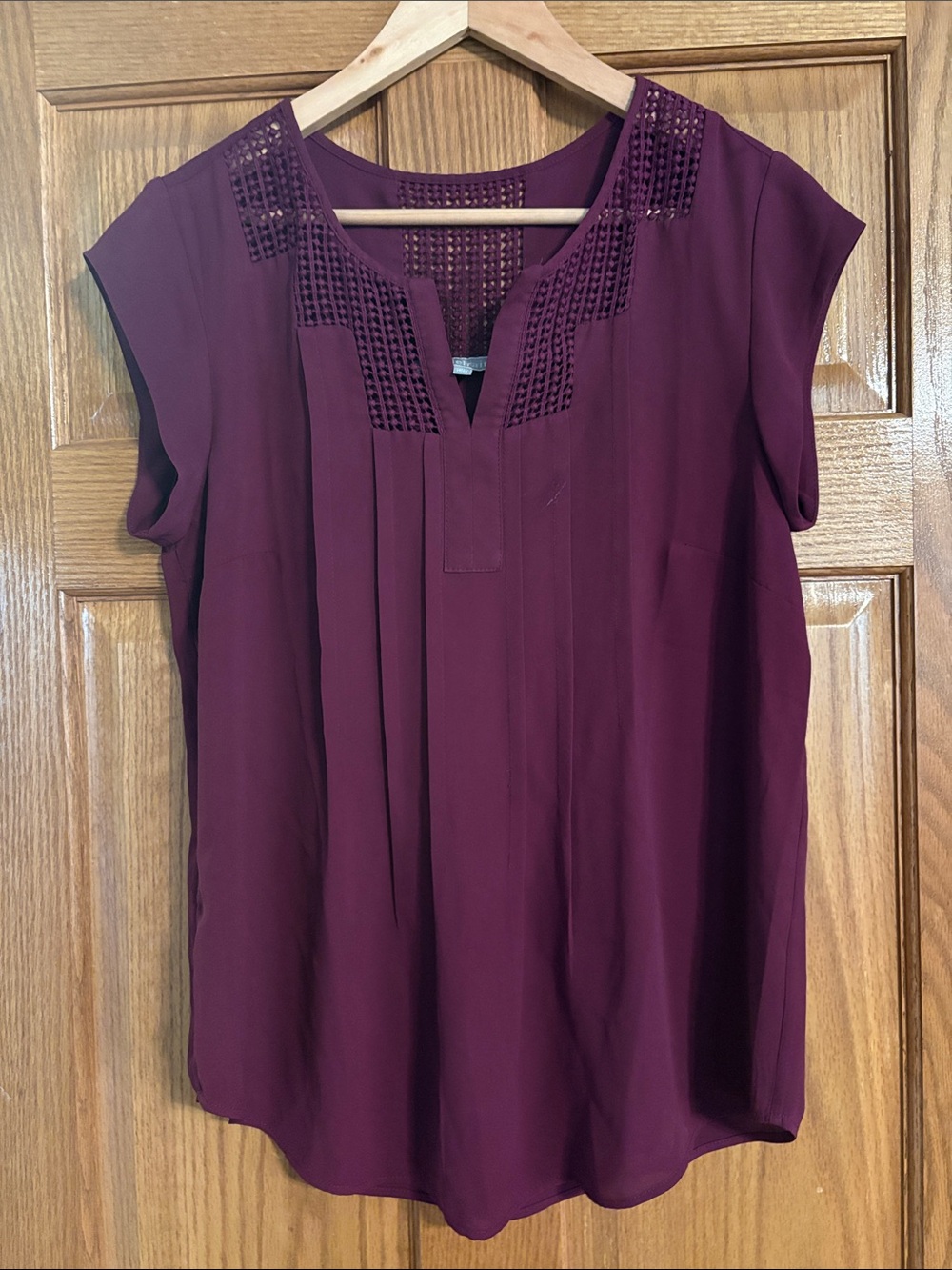 Daniel Rainn Plum Cap-Sleeve Blouse with Crochet Yoke